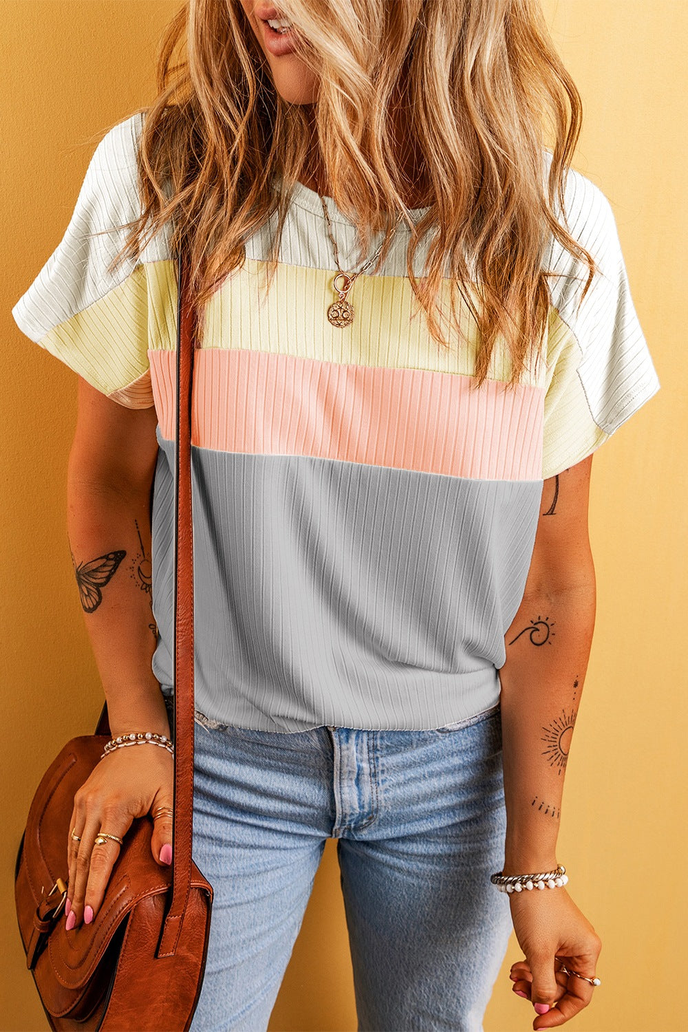 Color Block Round Neck Short Sleeve T-Shirt - Babbazon New Products