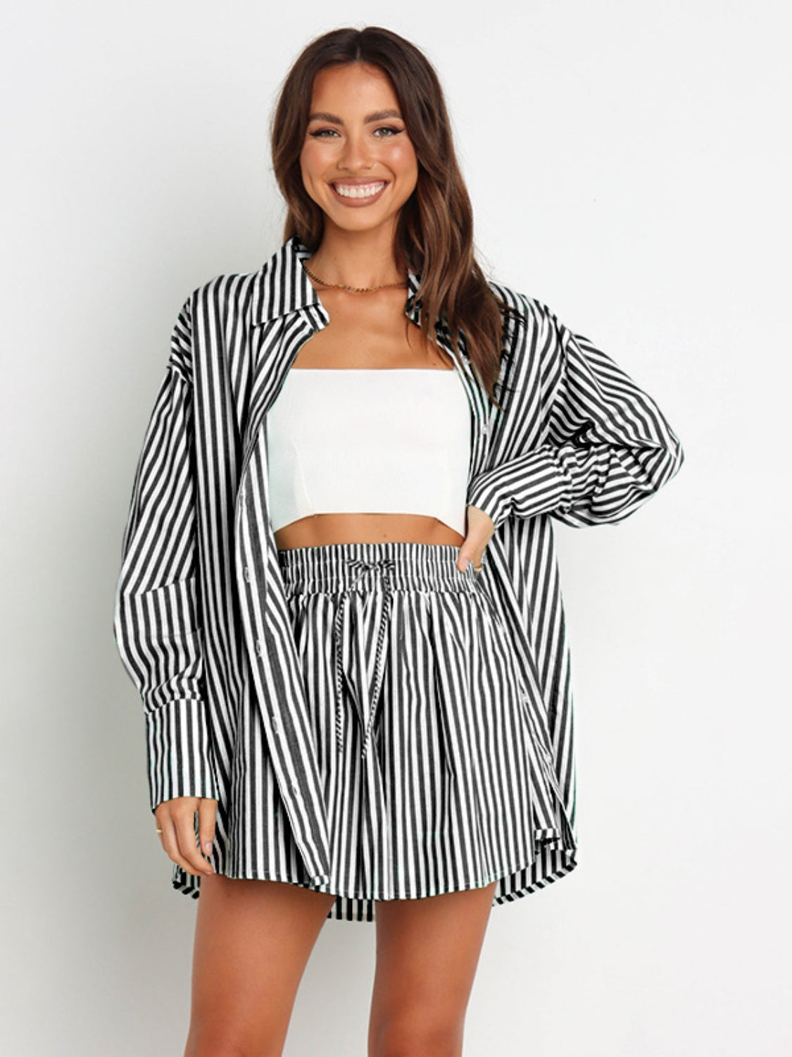 Striped Dropped Shoulder Shirt and Shorts Set - Babbazon new