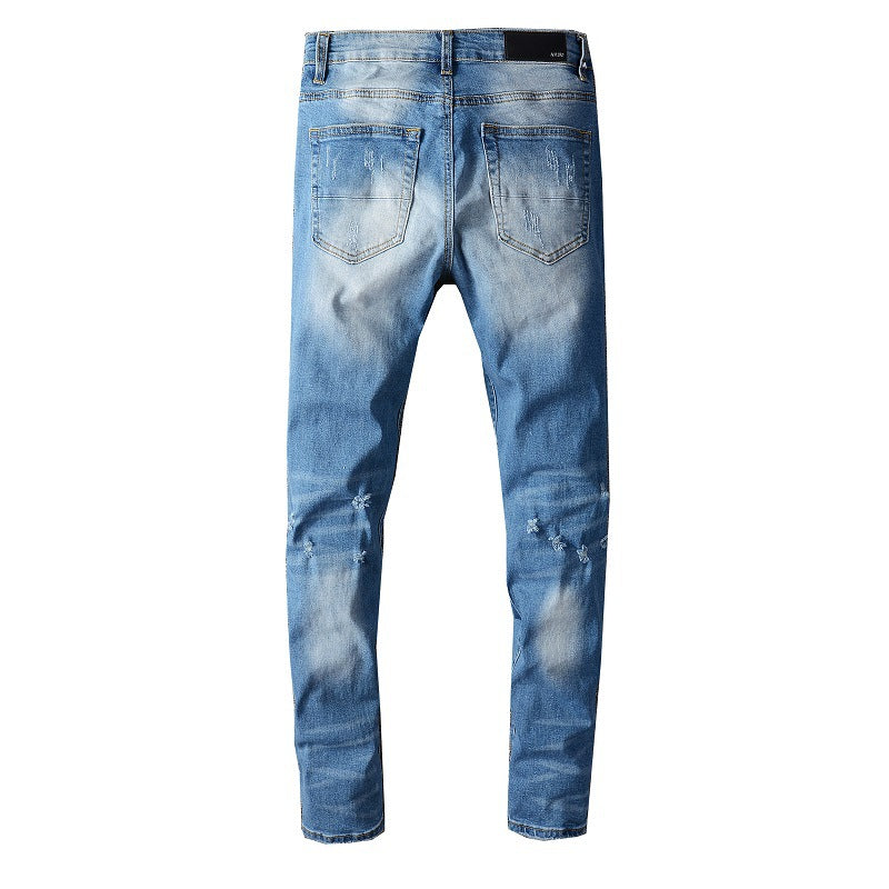 High Street Tide Brand Ripped Hole Colorful Patches Men's Jeans for Good Slim Fit