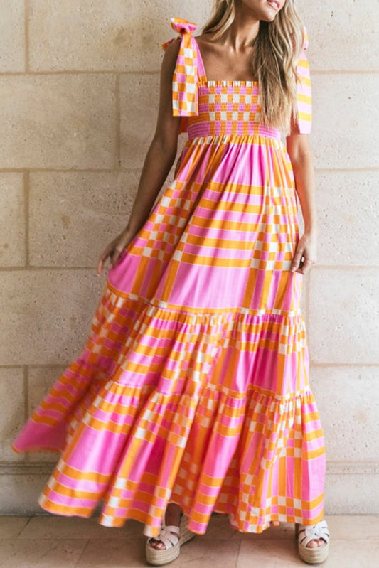 Pink Tie Strap Plaid & Striped Smocked Maxi Dress - Babbazon Maxi Dresses