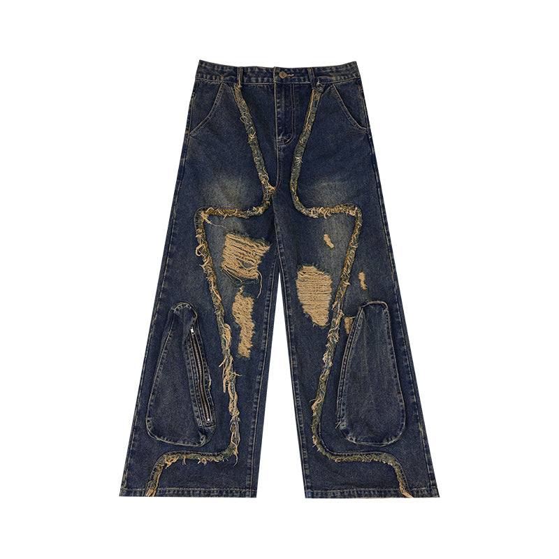 Retro Distressed Heavy Niche Deconstruction Tasseled Jeans