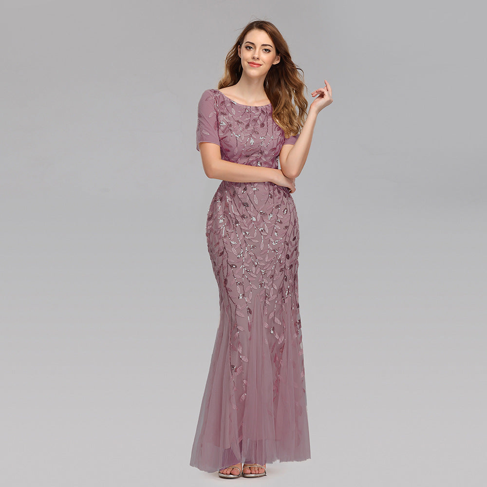 Gauze Sequin Evening Dress Fishtail Dress