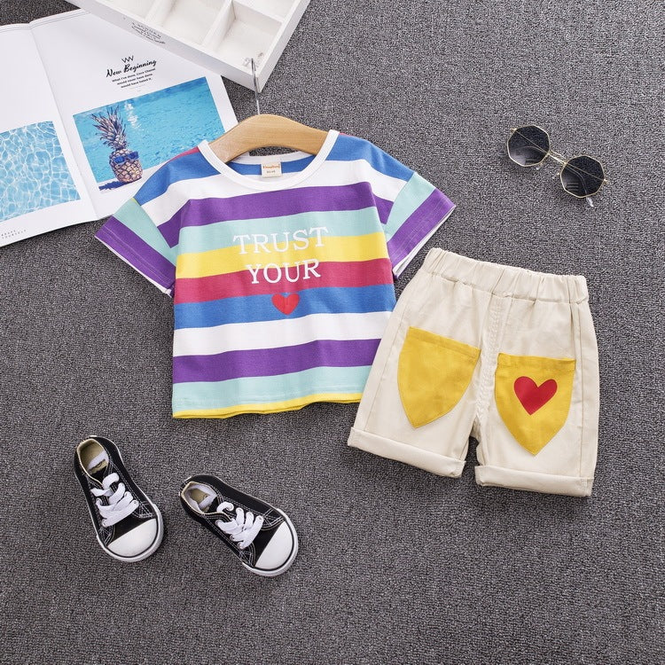 Two Large Striped Round Neck Short-Sleeved Rainbow Suspenders Shorts