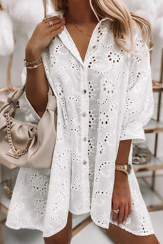 White Casual Eyelet Lace Shirt Babydoll Dress - Babbazon Short Dresses