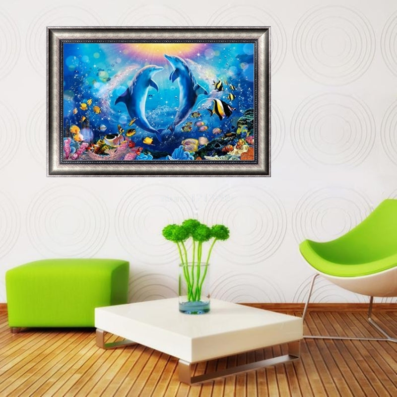 DIY Diamond Painting Cross  Ocean Dolphin Needlework 5D Embroidery Round Crystal Resin Mosaic