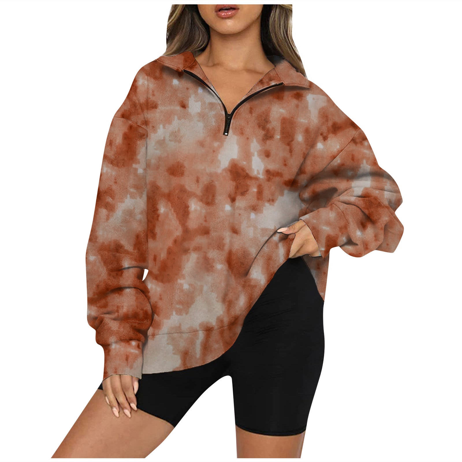 Tie Dye Printed Zippered Lapels Sweatshirt Womens Clothing Long Sleeve Loose Pocketless Top 