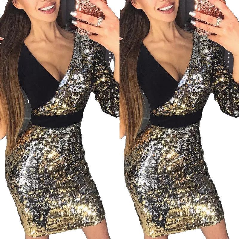 Women's Sequin Skirt Mid Waist Long Sleeve V Neck Dress