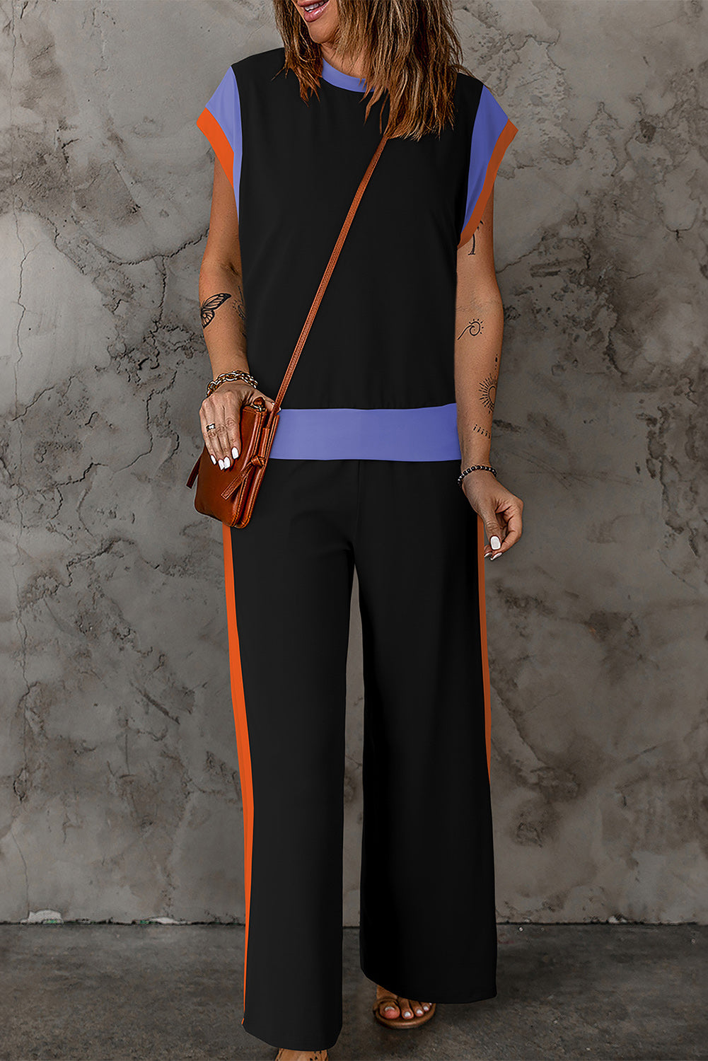 Contrast Round Neck Top and Pants Set - Babbazon New Products