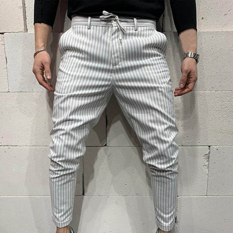 Lace-up solid color striped trousers