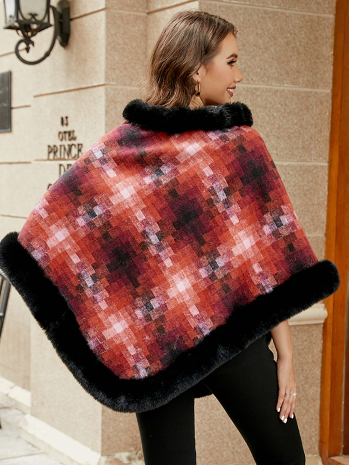 Faux Fur Trim Poncho 