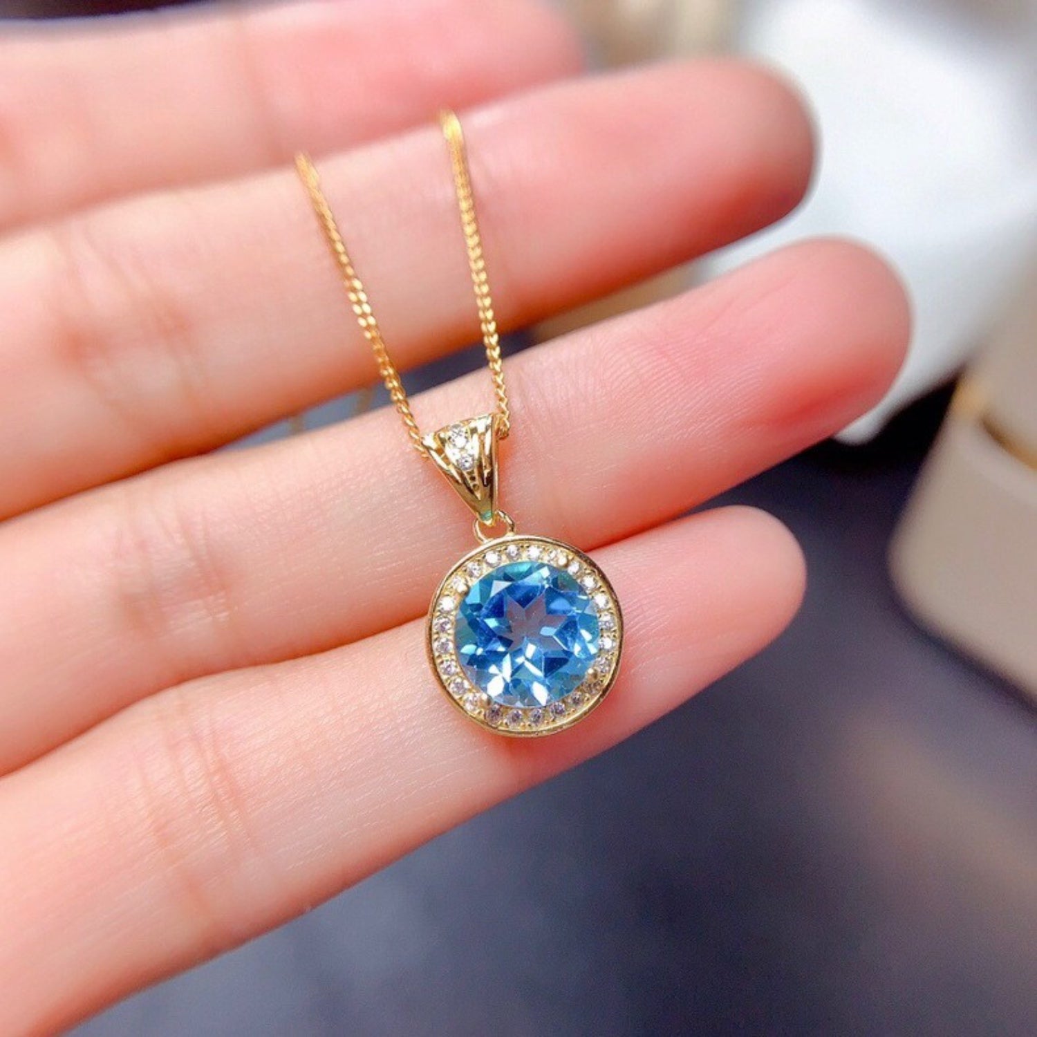 18K Gold-Plated Artificial Gemstone Pendant Necklace 