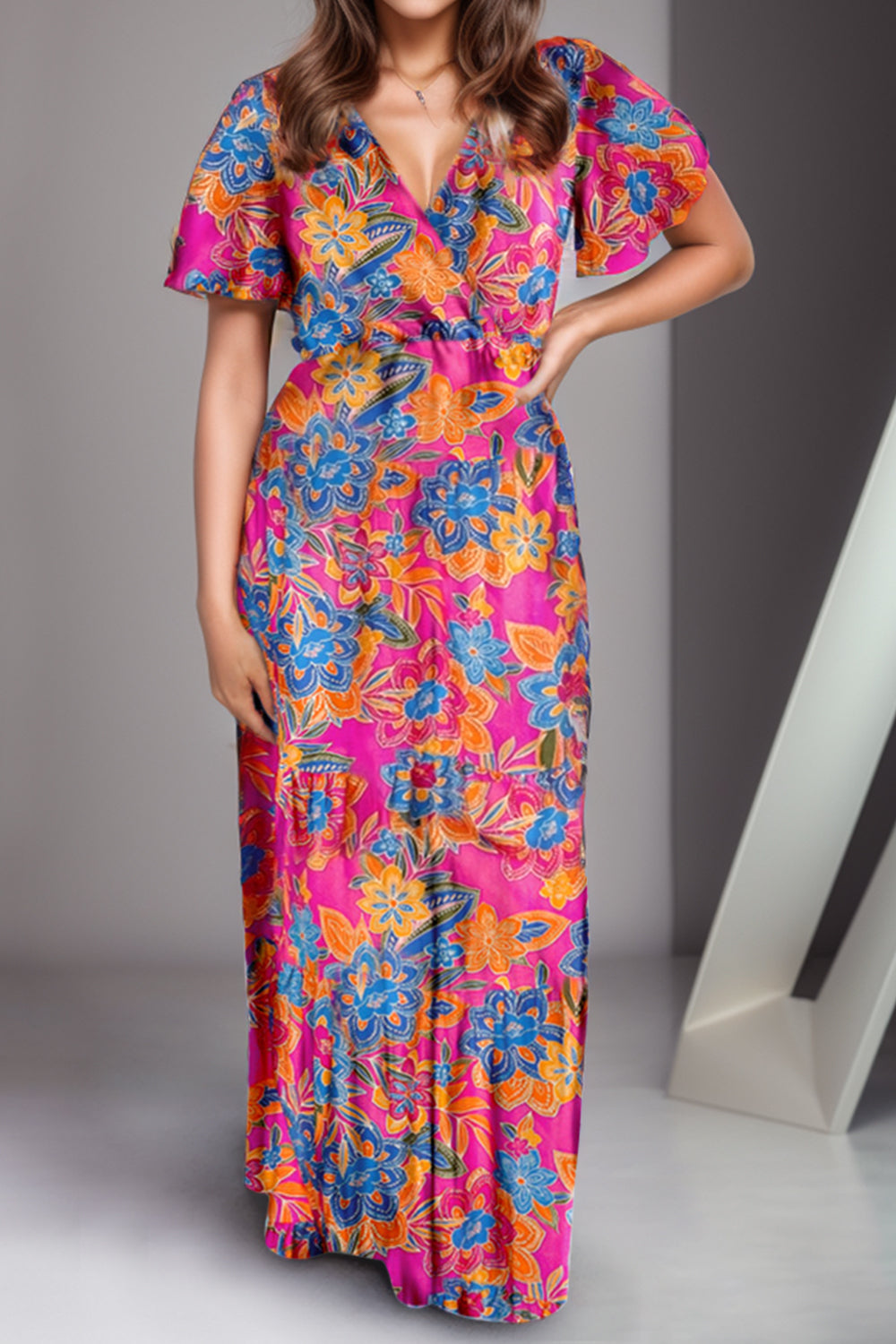 Printed Surplice Short Sleeve Maxi Dress - Babbazon New Products