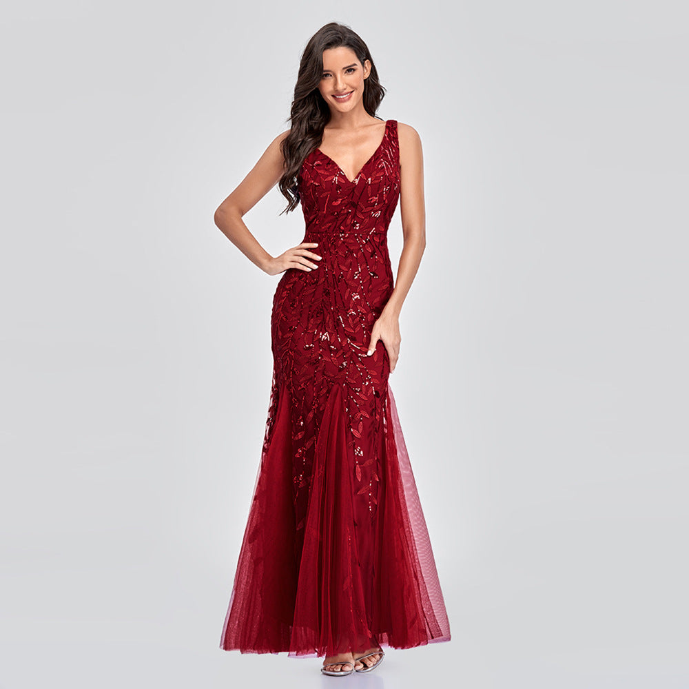 Sexy Long Dress Sleeveless V-neck Embroidered Sequin Slim Mermaid Dress