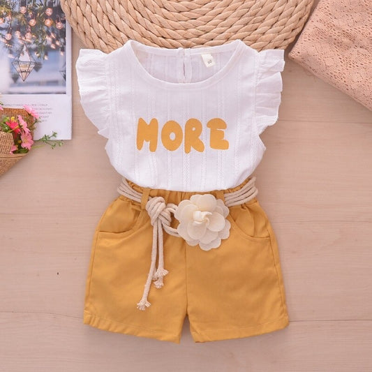 Girls Cotton Flying Sleeve Jacquard Ruffled To Shorts Two-piece Flower Belt Princess Pants Suit