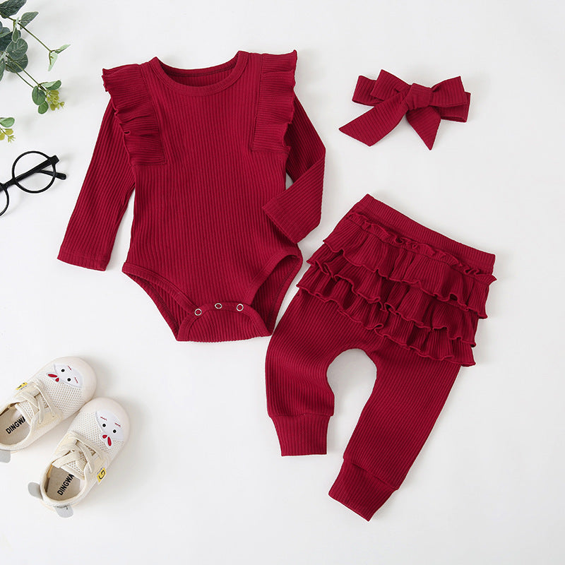 Autumn Children's Clothing Girls Casual Long-sleeved Lace-sleeved Romper Three-piece Suit With Bow Headdress