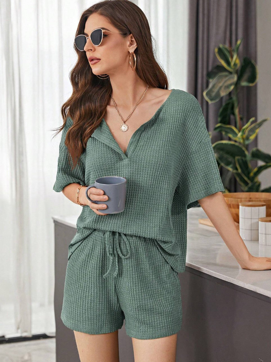 Full Size Waffle-Knit Dropped Shoulder Top and Shorts Set - Babbazon New Products