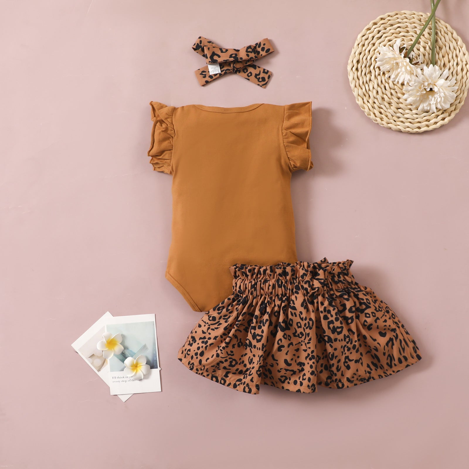 Triangle Romper Bow Leopard Print Skirt Set