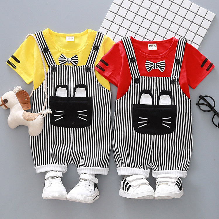 Factory direct handsome children's clothing Korean male baby cartoon strap two-piece suit cotton one generation A128