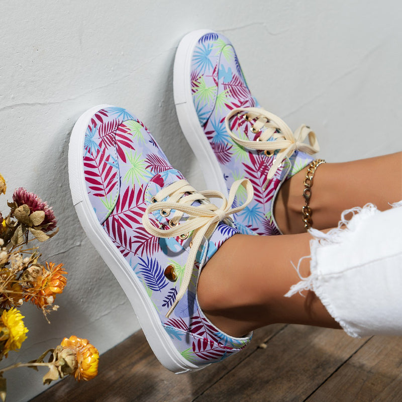 Canvas Shoes For Women Lace-Up Flats Leaves Print Casual Sneakers Round Toe Shoes 