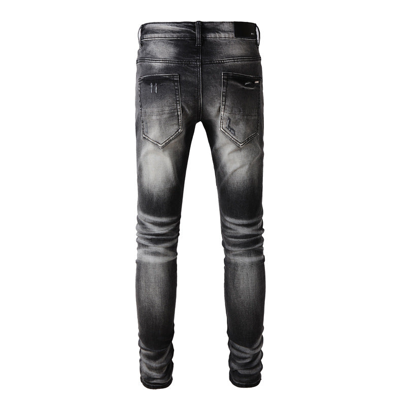 Street Fashion Fashion Brand Retro Black Gray Ripped Slim Fit Leather Men's Jeans