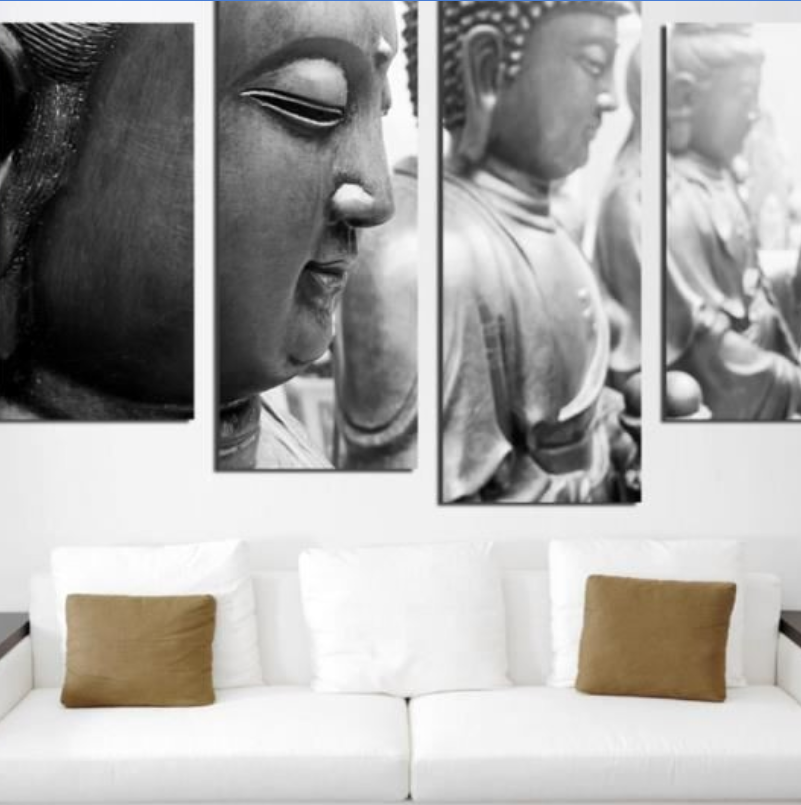 Four side-by-side Buddha paintings