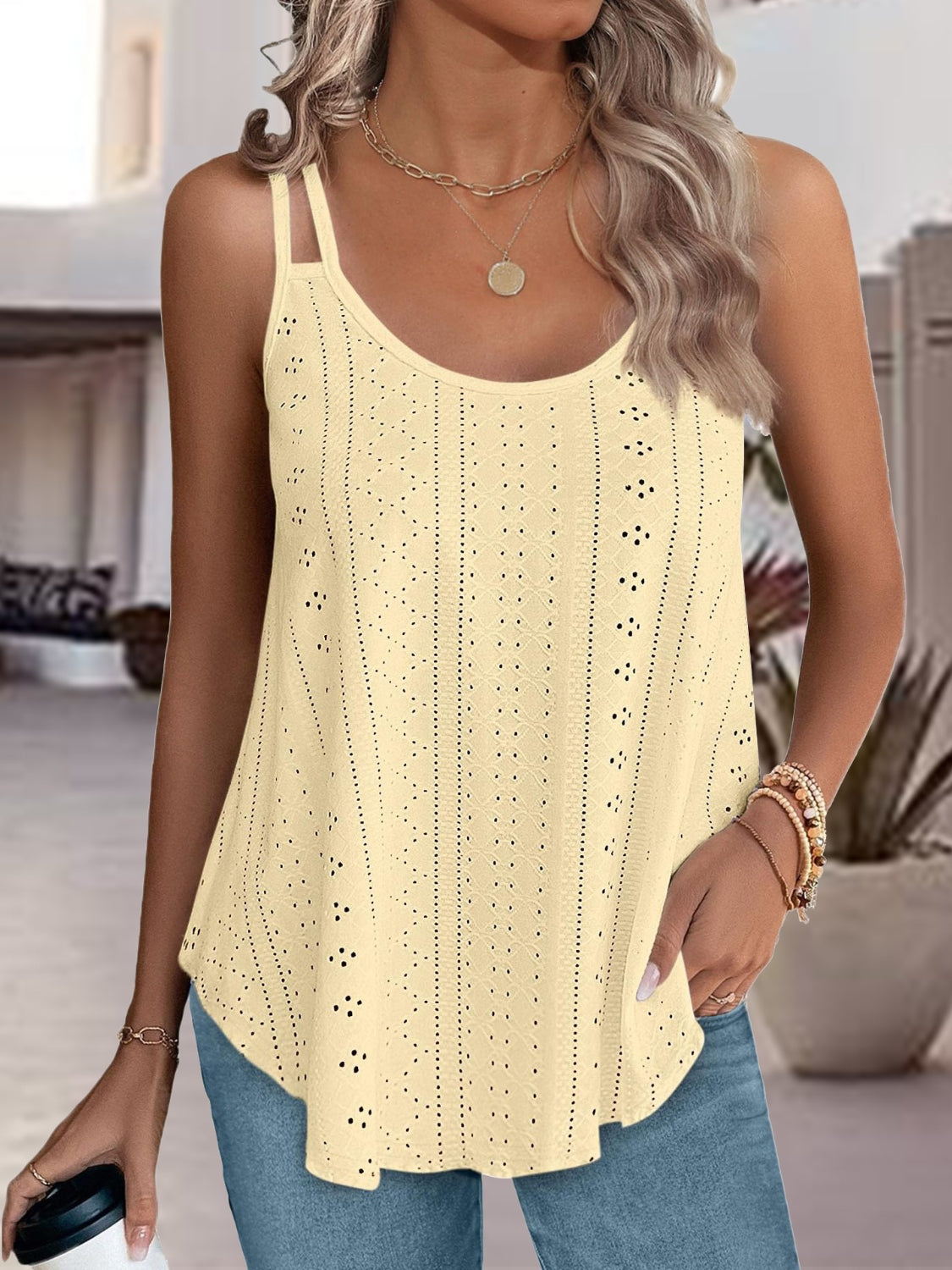 Eyelet Scoop Neck Spaghetti Strap Cami - Babbazon Camisole