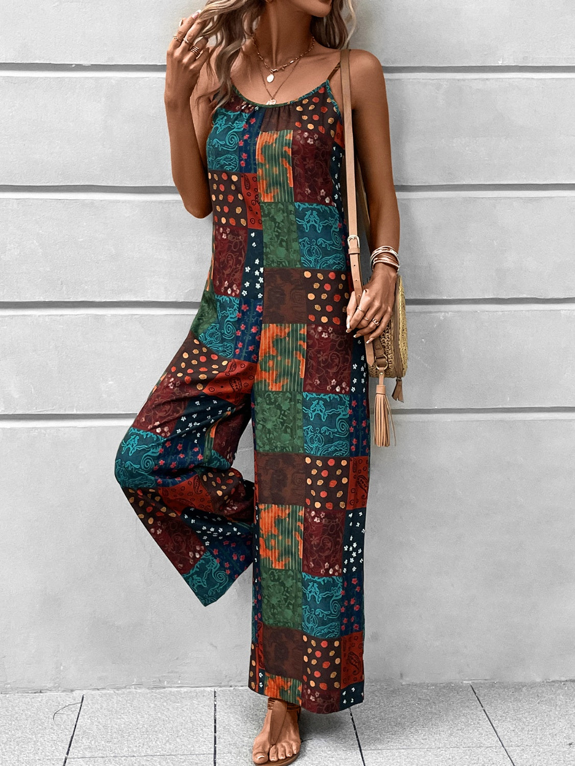 Printed Scoop Neck Spaghetti Strap Jumpsuit 