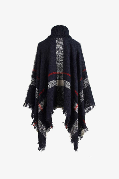 Plaid Turtleneck Raw Hem Poncho