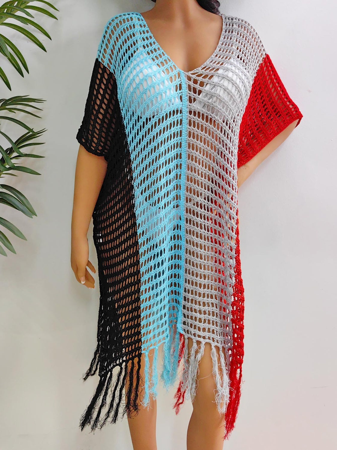 Fringe Color Block Scoop Neck Cover Up - Babbazon new