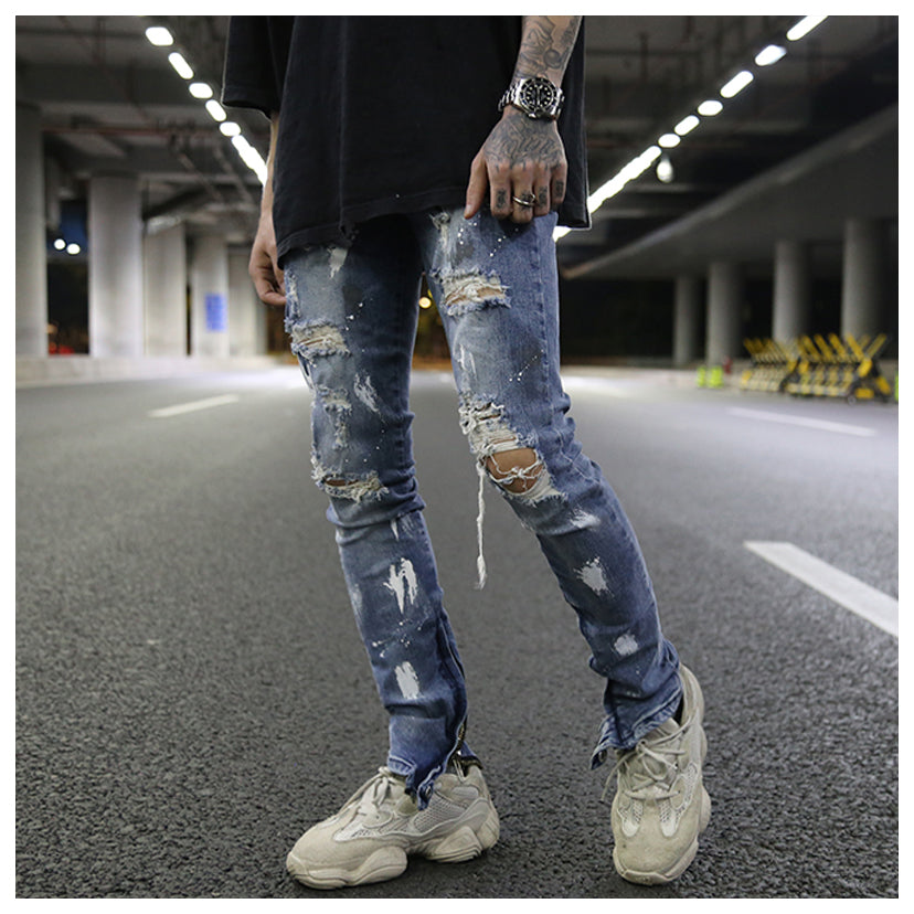 Splash ink graffiti hole inside zip stretch slim feet jeans