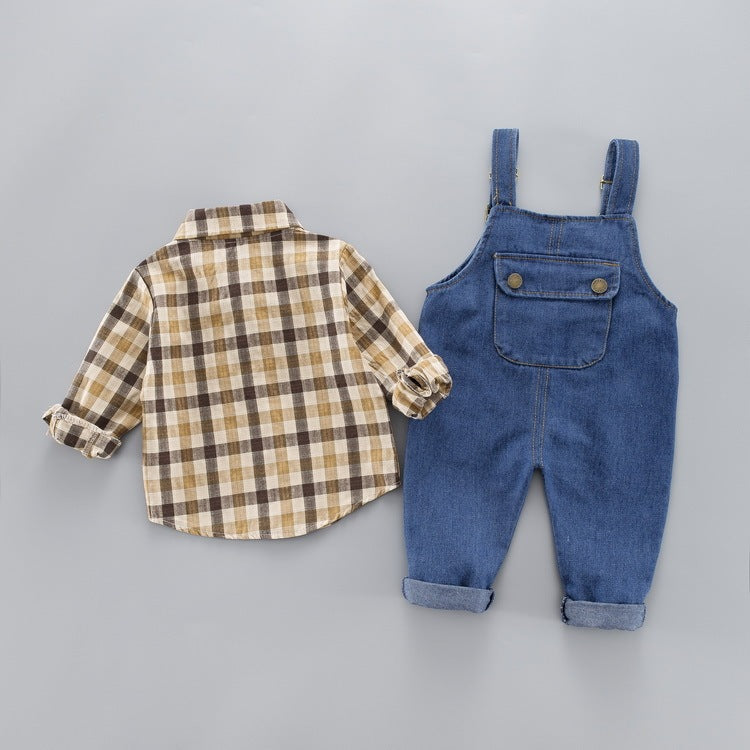 Children's long-sleeved plaid shirt denim strap cover