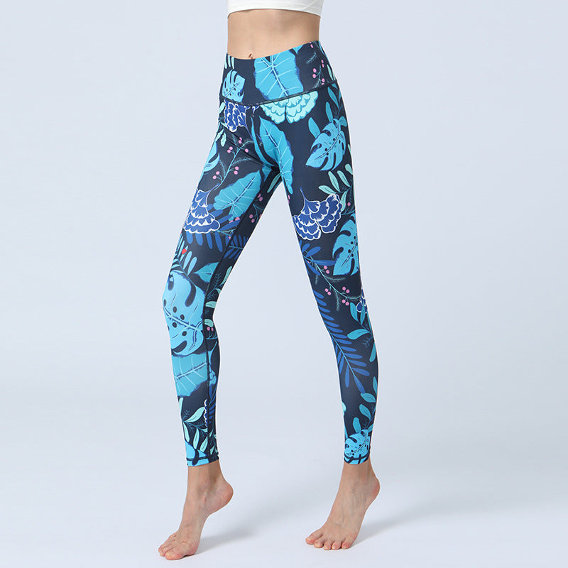 Fashion Leaves Printed Yoga Pants Women's High Waist Hip Lifting Sports Fitness Leggings 