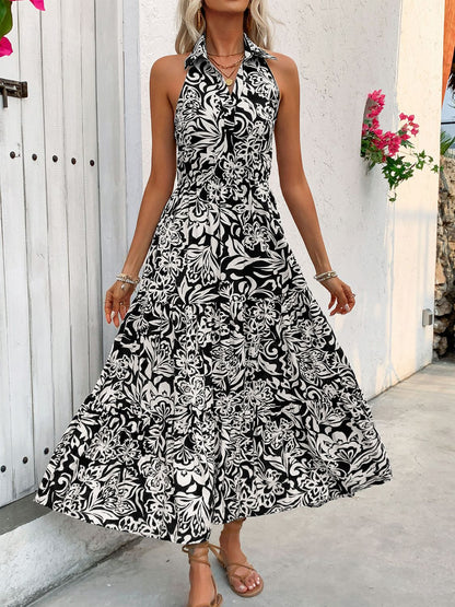 Perfee Backless Smocked Printed Sleeveless Midi Dress