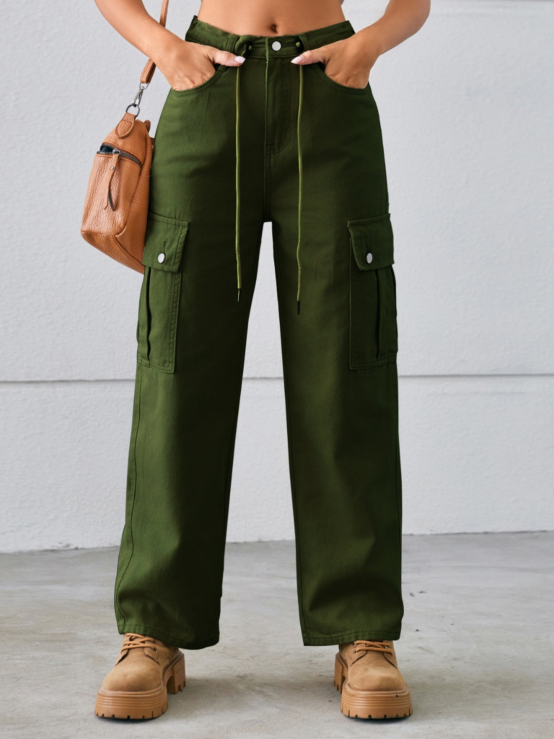 Drawstring Mid-Rise Waist Straight Cargo Jeans 