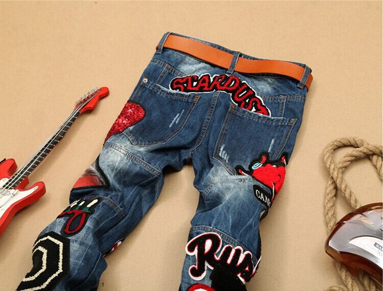 Embroidered denim straight pants