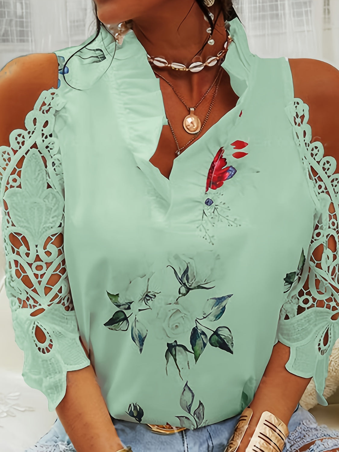 Full Size Lace Printed Half Sleeve Blouse - Babbazon New Products