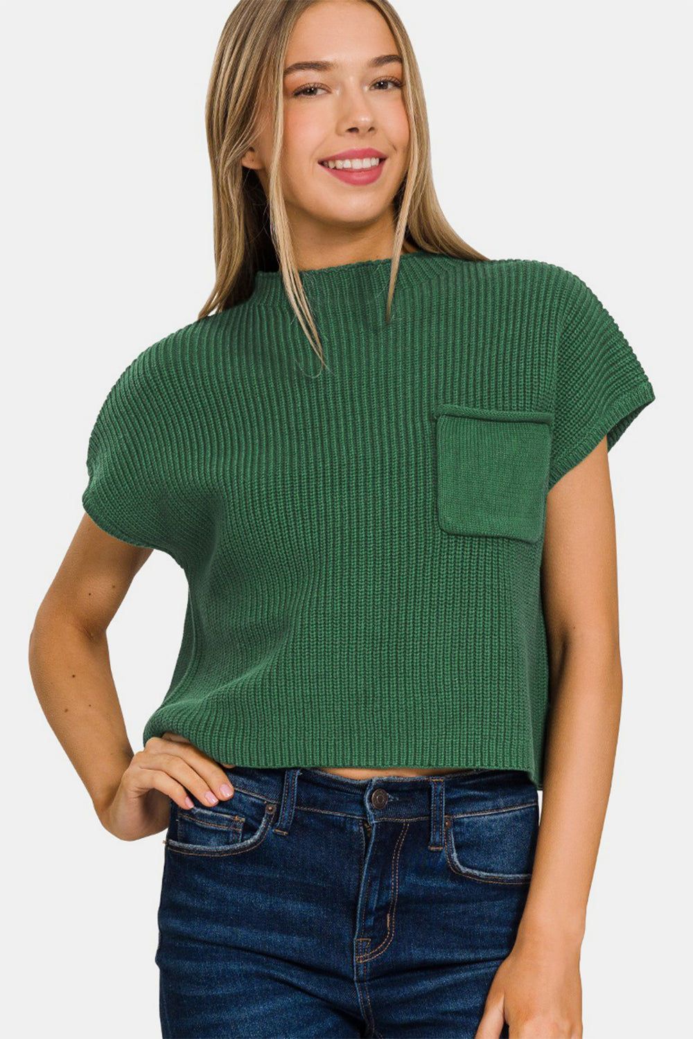 Zenana Mock Neck Short Sleeve Cropped Sweater - Babbazon GREEN CLOTHING