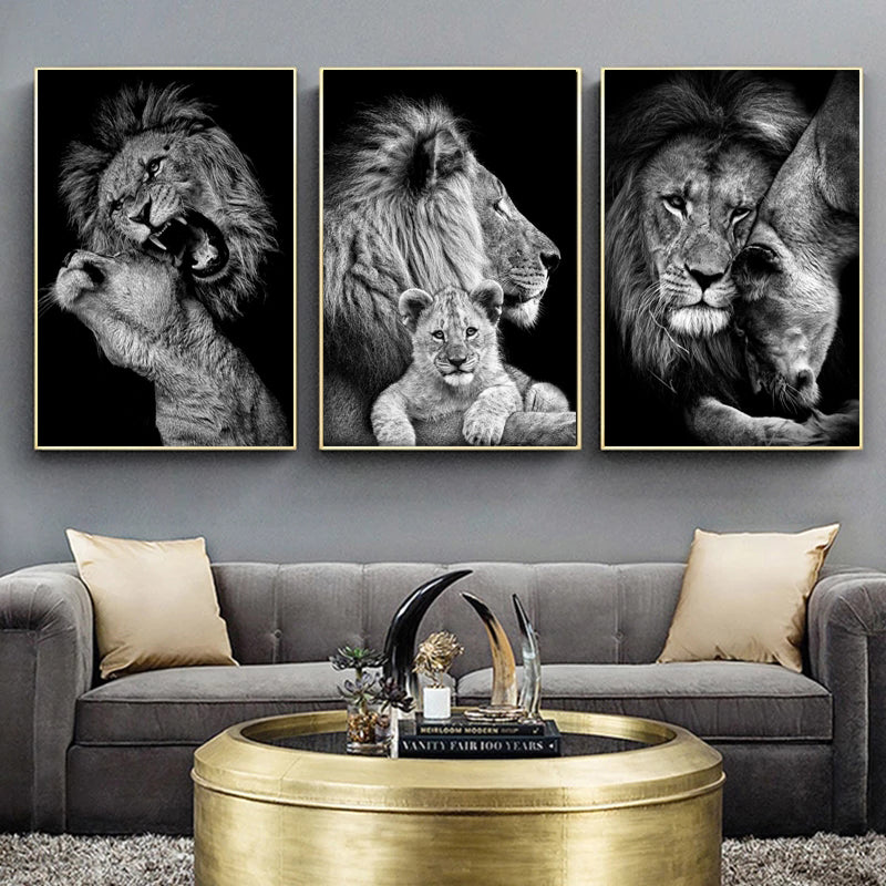 Black And White Lion Family Poster Canvas Print