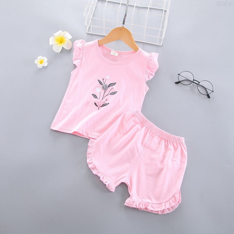 Girls Sleeveless Lace Vest Children's Casual Shorts Summer New Fashion Solid Color Short-sleeved Children's Clothing Suit