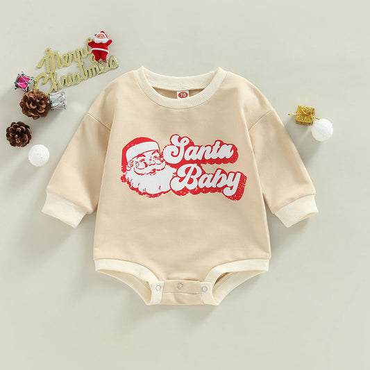 Santa Claus Head Print Long Sleeve Romper