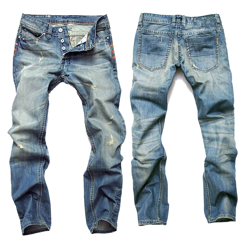 Men's jeans ripped straight leg slim-fit men's trousers