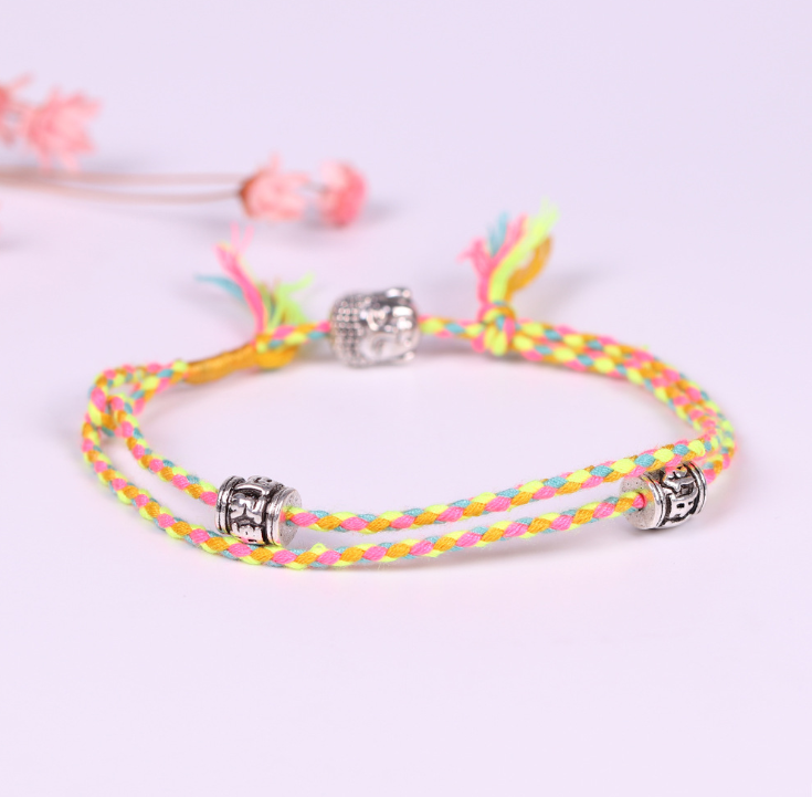 Hand-woven colorful lucky rope bracelet adjustable silver Buddha head double simple bracelet