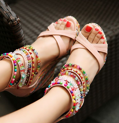 Bohemian Wedge Handmade Beaded Sandals Platform Shoes 