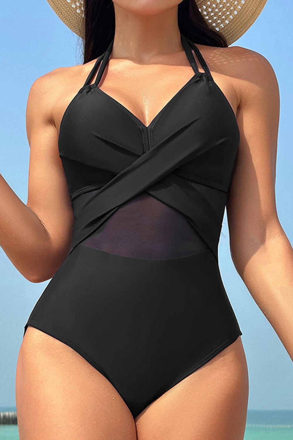 Crisscross Halter Neck One-Piece Swimwear - Babbazon new