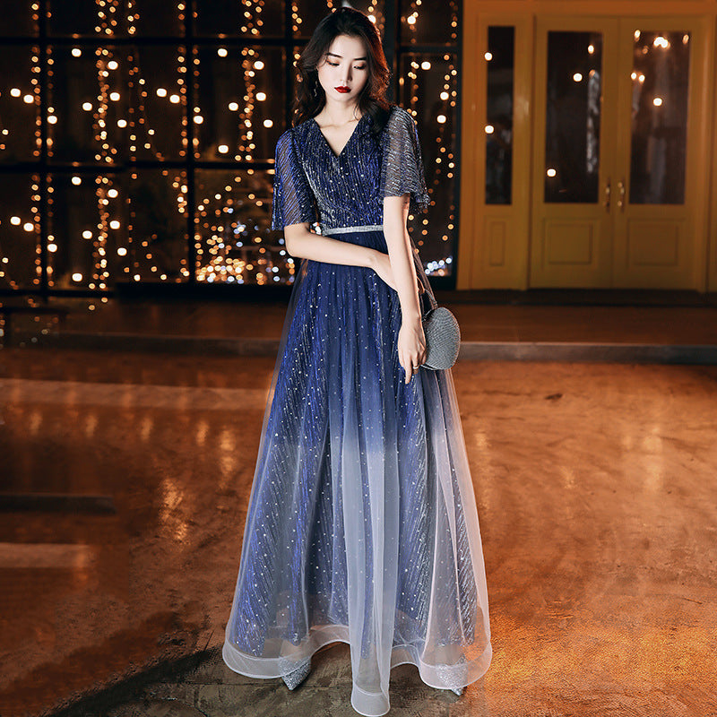 Sequin Blue V-Neck Slim Long Dress