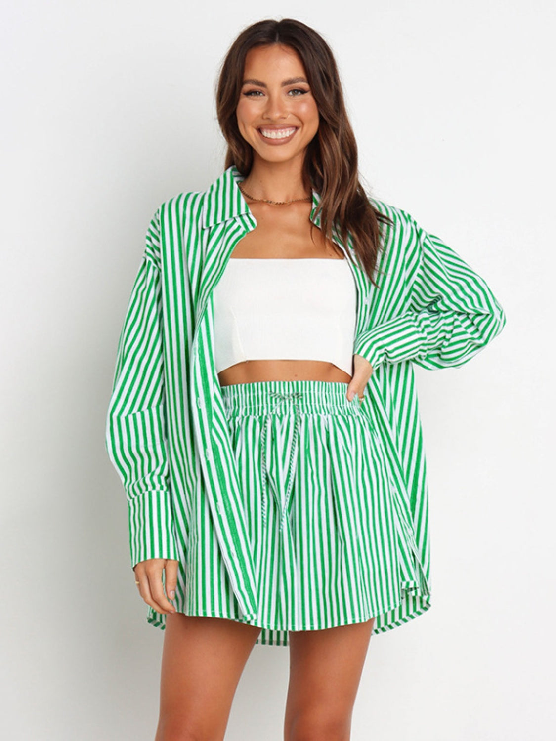 Striped Dropped Shoulder Shirt and Shorts Set - Babbazon new