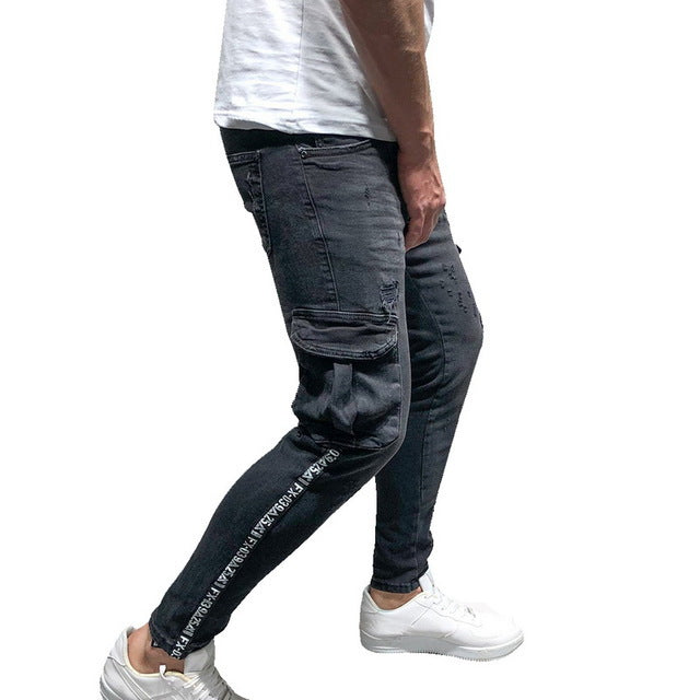 Men hip hop high-end quality tight slim ripped leg pants men