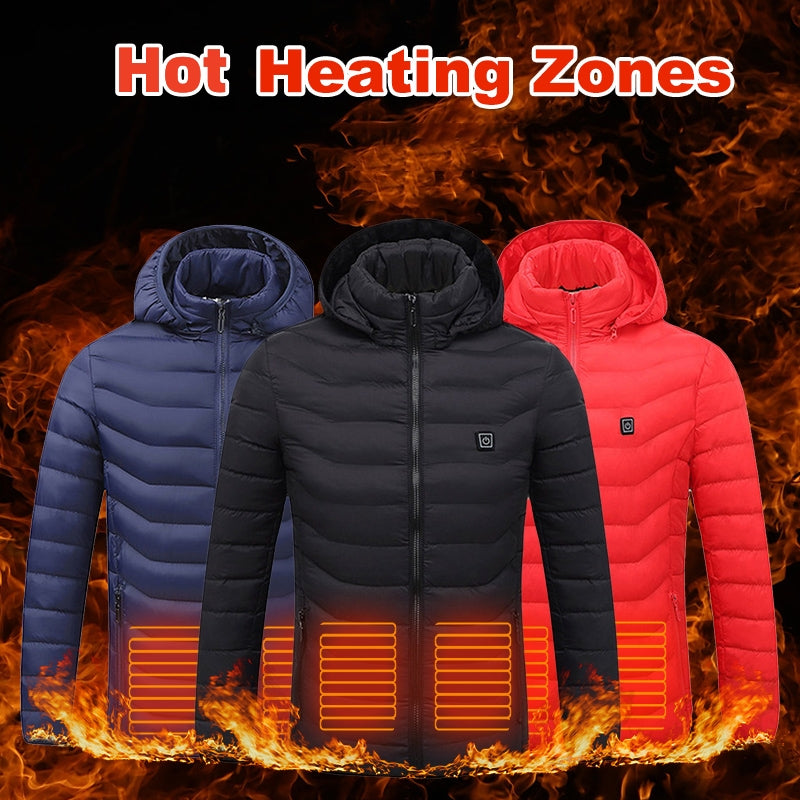 Men Heated Puffer Jacket Electric Heating Coat Insulated Hood Windbreaker 9Heat Zones 