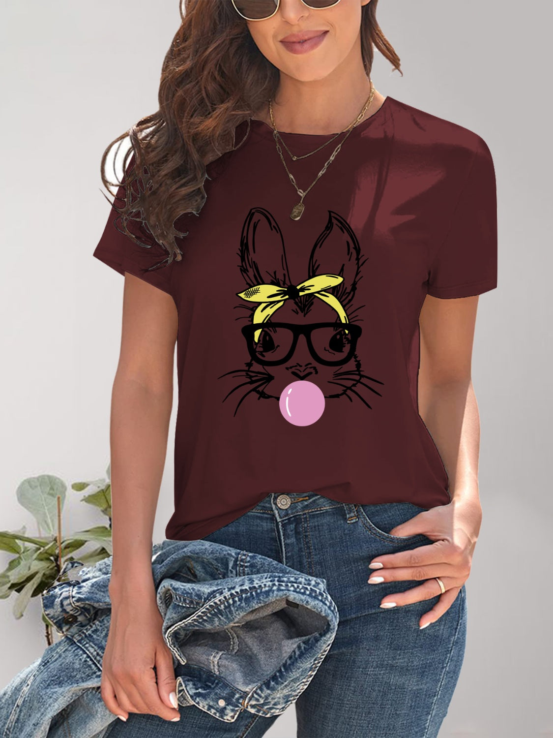 Rabbit Graphic Round Neck Short Sleeve T-Shirt 