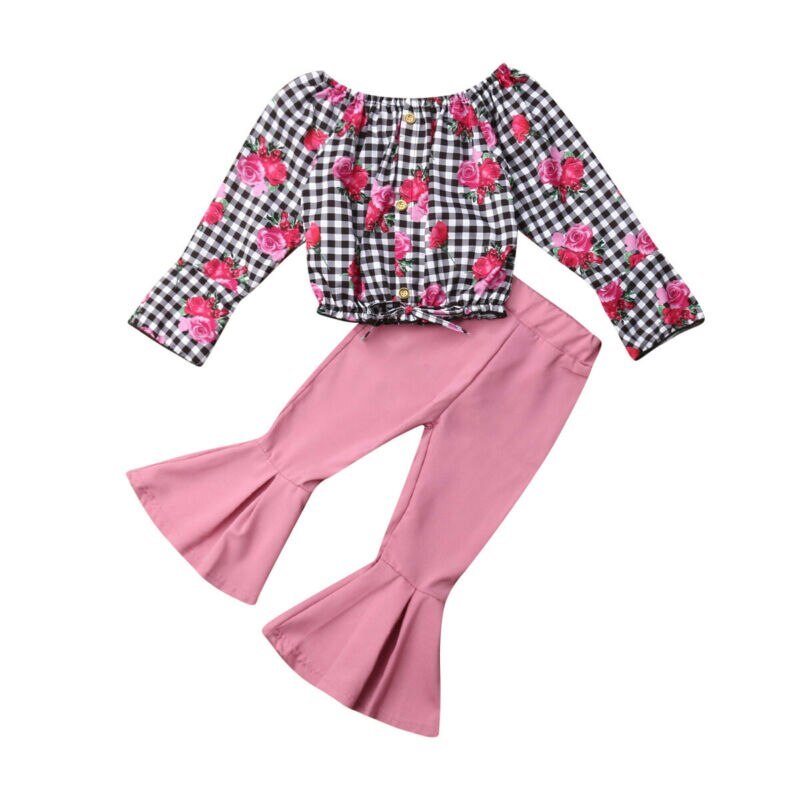 Girls' Clothing, Small And Medium-Sized Children's Checked Long-Sleeved Flared Pants